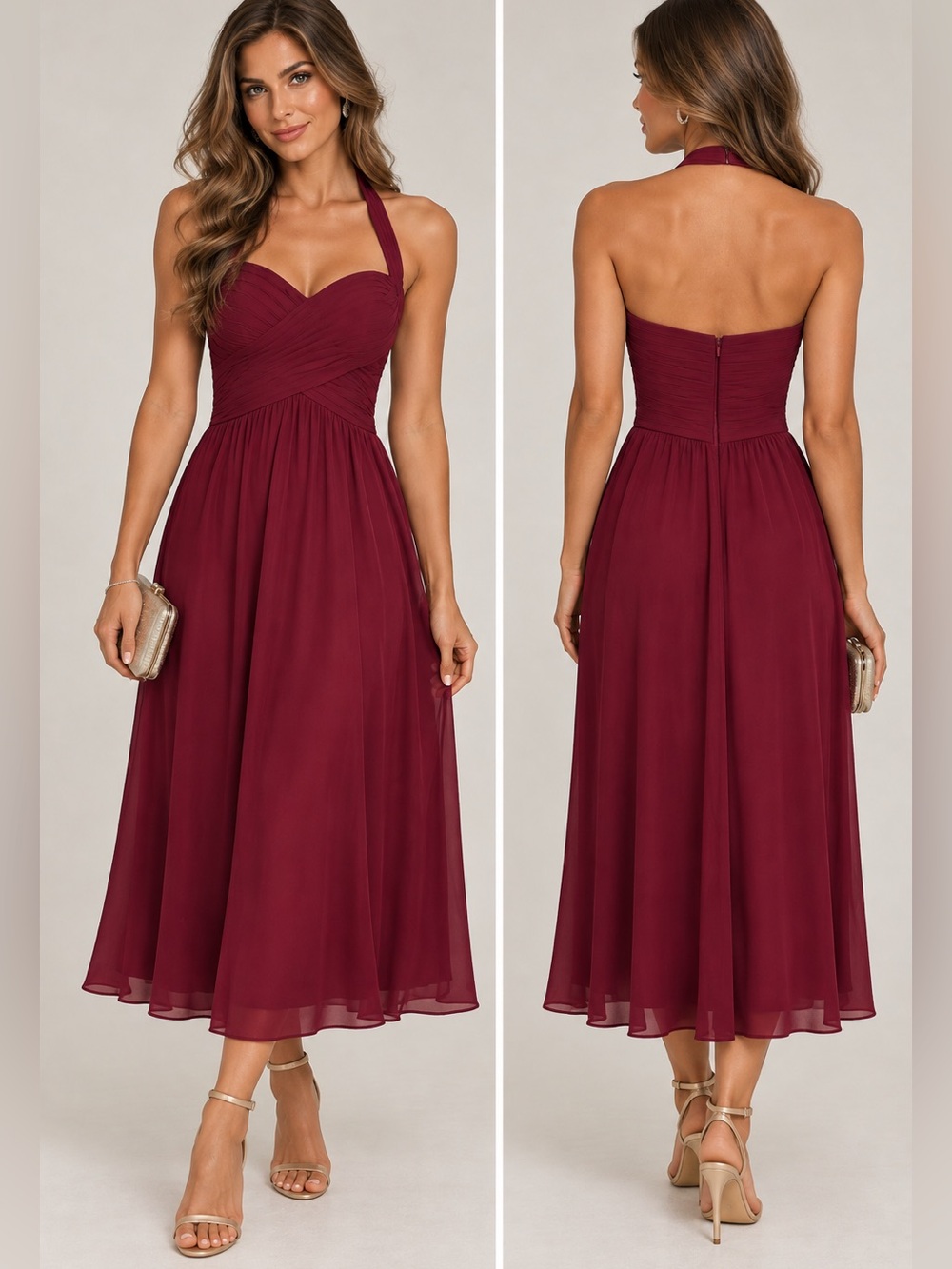 US 8 Kennedy Blue Women Burgundy Ruched Halter Corset Push Up A-Line Midi Dress
